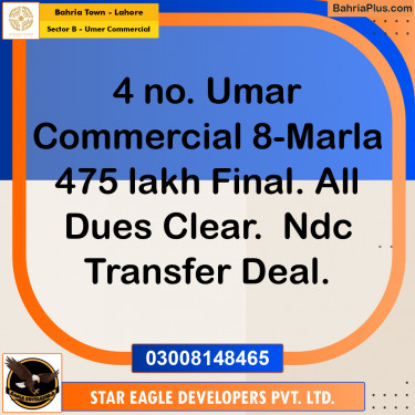 8 Marla Commercial Plot for Sale in Sector B - Umer Commercial -  Bahria Town, Lahore - (BP-269025)