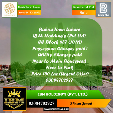 10 Marla Residential Plot for Sale in Sector D - EE Block -  Bahria Town, Lahore - (BP-269195)