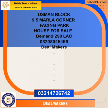 9.5 Marla Residential House for Sale in Sector B - Usman Block -  Bahria Town, Lahore - (BP-269308)