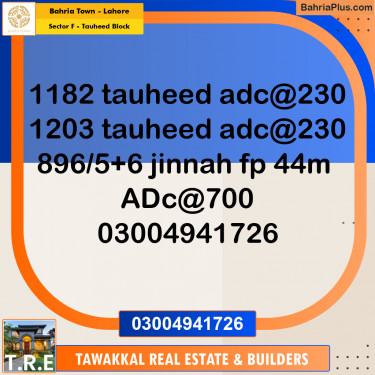 1 Kanal Residential Plot for Sale in Sector F - Tauheed Block -  Bahria Town, Lahore - (BP-269458)