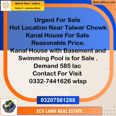 1 Kanal Residential House for Sale in Sector C - Jasmine Block -  Bahria Town, Lahore - (BP-269579)