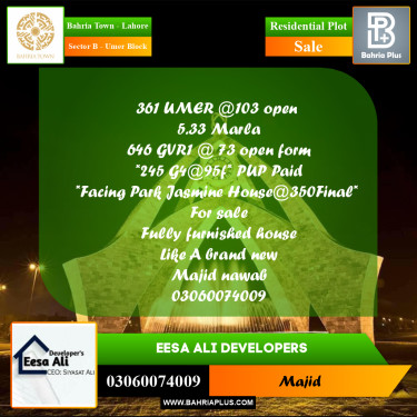Residential Plot for Sale in Sector B - Umer Block -  Bahria Town, Lahore - (BP-269653)