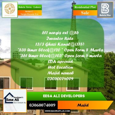 Residential Plot for Sale in Sector C - Nargis/Hussain Ext. -  Bahria Town, Lahore - (BP-269699)