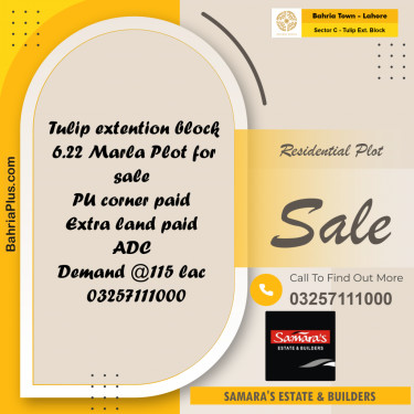 6.22 Marla Residential Plot for Sale in Sector C - Tulip Ext. Block -  Bahria Town, Lahore - (BP-269922)