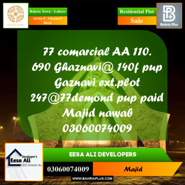 Residential Plot for Sale in Sector F - Ghaznavi Block -  Bahria Town, Lahore - (BP-269954)