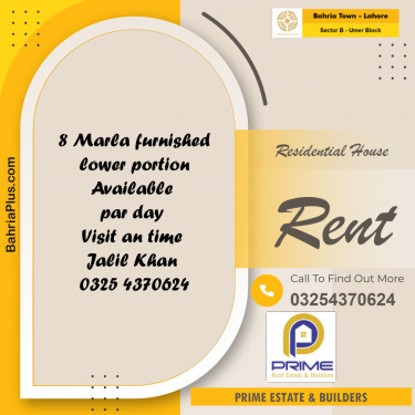8 Marla Residential House for Rent in Sector B - Umer Block -  Bahria Town, Lahore - (BP-270070)