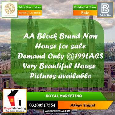 Residential House for Sale in Sector D - AA Block -  Bahria Town, Lahore - (BP-270313)