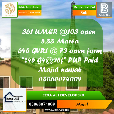 Residential Plot for Sale in Sector B - Umer Block -  Bahria Town, Lahore - (BP-270376)