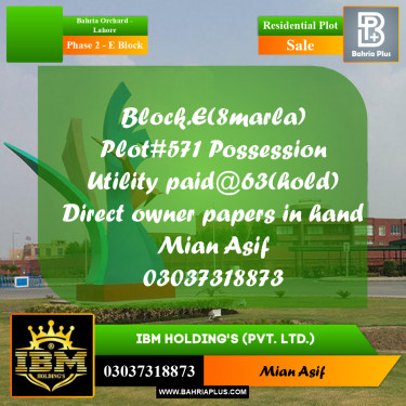 8 Marla Residential Plot for Sale in Phase 2 - E Block -  Bahria Orchard, Lahore - (BP-270436)