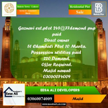 Residential Plot for Sale in Sector F - Ghaznavi Block -  Bahria Town, Lahore - (BP-270655)