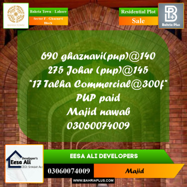 Residential Plot for Sale in Sector F - Ghaznavi Block -  Bahria Town, Lahore - (BP-270673)