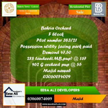 Residential Plot for Sale in Sector C - Chambeli Block -  Bahria Town, Lahore - (BP-270746)