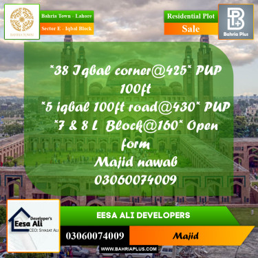 Residential Plot for Sale in Sector E - Iqbal Block -  Bahria Town, Lahore - (BP-270869)