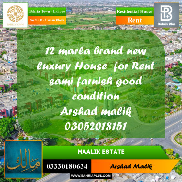 12 Marla Residential House for Rent in Sector B - Usman Block -  Bahria Town, Lahore - (BP-270886)