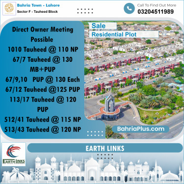 10 Marla Residential Plot for Sale in Sector F - Tauheed Block -  Bahria Town, Lahore - (BP-271201)