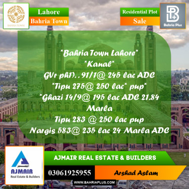 1 Kanal Residential Plot for Sale in Bahria Town, Lahore - (BP-271211)