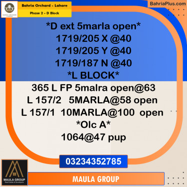 5 Marla Residential Plot for Sale in Phase 2 - D Block -  Bahria Orchard, Lahore - (BP-271229)