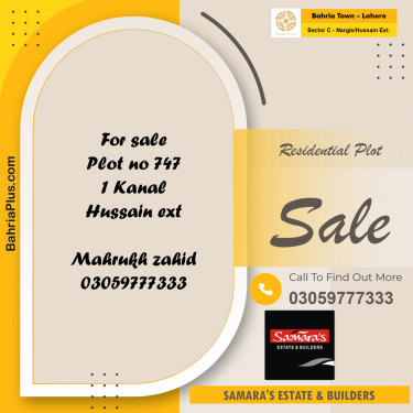 1 Kanal Residential Plot for Sale in Sector C - Nargis/Hussain Ext. -  Bahria Town, Lahore - (BP-271544)
