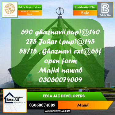Residential Plot for Sale in Sector F - Ghaznavi Block -  Bahria Town, Lahore - (BP-271590)