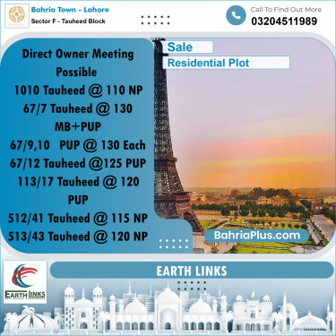 10 Marla Residential Plot for Sale in Sector F - Tauheed Block -  Bahria Town, Lahore - (BP-271774)