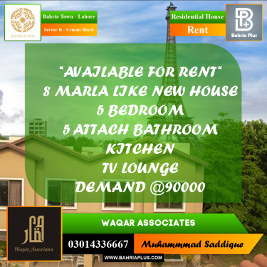 8 Marla Residential House for Rent in Sector B - Usman Block -  Bahria Town, Lahore - (BP-271799)