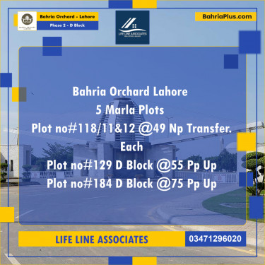 5 Marla Residential Plot for Sale in Phase 2 - D Block -  Bahria Orchard, Lahore - (BP-271834)