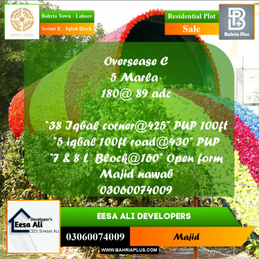 Residential Plot for Sale in Sector E - Iqbal Block -  Bahria Town, Lahore - (BP-272219)