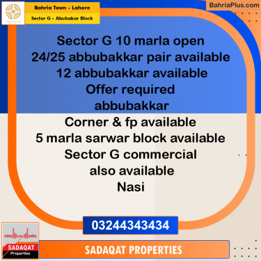 10 Marla Residential Plot for Sale in Sector G - Abubakar Block -  Bahria Town, Lahore - (BP-272229)