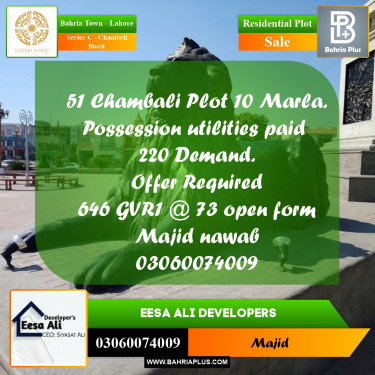 Residential Plot for Sale in Sector C - Chambeli Block -  Bahria Town, Lahore - (BP-272238)