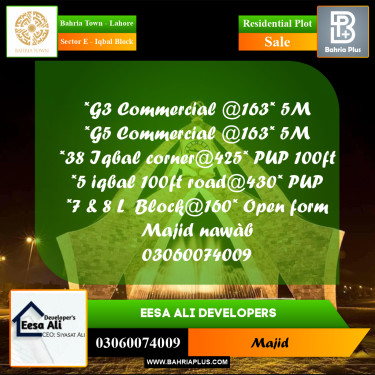Residential Plot for Sale in Sector E - Iqbal Block -  Bahria Town, Lahore - (BP-272274)
