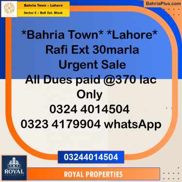 Residential Plot for Sale in Sector E - Rafi Ext. Block -  Bahria Town, Lahore - (BP-272309)