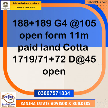 11 Marla Residential Plot for Sale in Phase 4 - G4 Block -  Bahria Orchard, Lahore - (BP-272342)