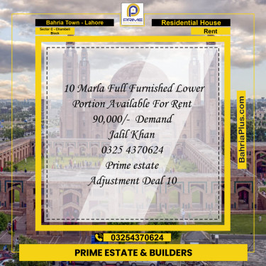 10 Marla Residential House for Rent in Sector C - Chambeli Block -  Bahria Town, Lahore - (BP-272347)