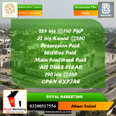 Residential Plot for Sale in Sector C - Iris Block -  Bahria Town, Lahore - (BP-272350)