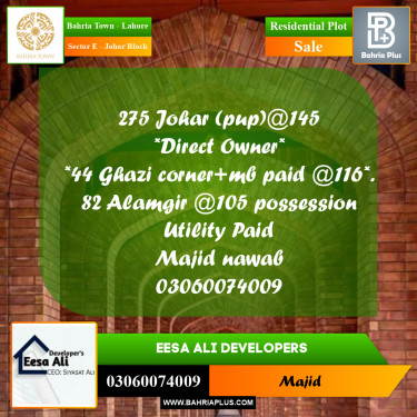 Residential Plot for Sale in Sector E - Johar Block -  Bahria Town, Lahore - (BP-272634)