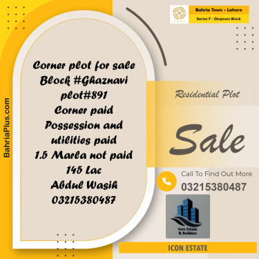 11.5 Marla Residential Plot for Sale in Sector F - Ghaznavi Block -  Bahria Town, Lahore - (BP-272760)