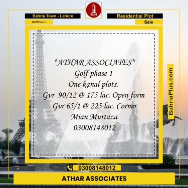 20 Marla Residential Plot for Sale in Golf Phase 1 -  Bahria Town, Lahore - (BP-272894)