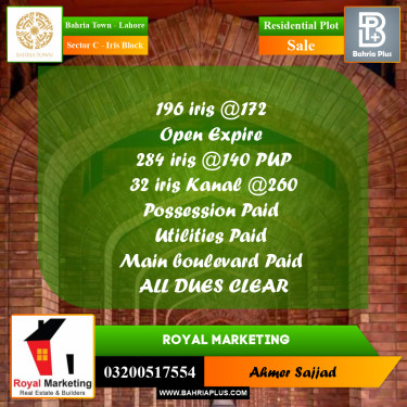 Residential Plot for Sale in Sector C - Iris Block -  Bahria Town, Lahore - (BP-273057)