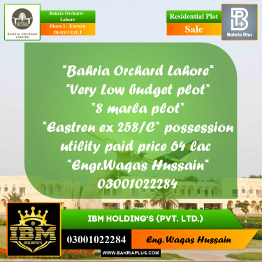 8 Marla Residential Plot for Sale in Phase 1 - Eastern District Ext. I -  Bahria Orchard, Lahore - (BP-273099)
