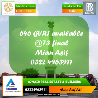 Residential Plot for Sale in Golf Phase 1 -  Bahria Town, Lahore - (BP-273190)