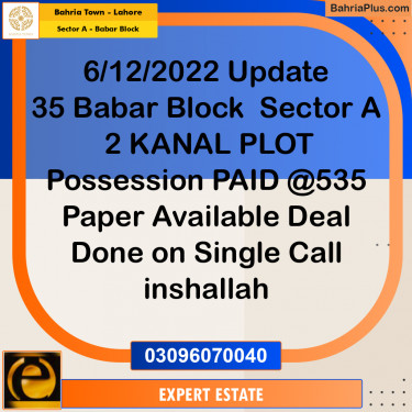 2 Kanal Residential Plot for Sale in Sector A - Babar Block -  Bahria Town, Lahore - (BP-273232)