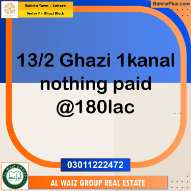 1 Kanal Residential Plot for Sale in Sector F - Ghazi Block -  Bahria Town, Lahore - (BP-273310)