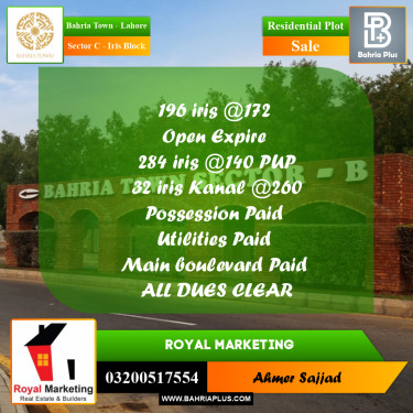 10 Marla Residential Plot for Sale in Sector C - Iris Block -  Bahria Town, Lahore - (BP-273327)