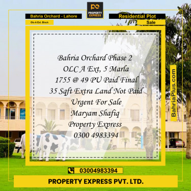 5 Marla Residential Plot for Sale in OLC-A Ext. Block -  Bahria Orchard, Lahore - (BP-273428)
