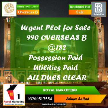 Residential Plot for Sale in Overseas B -  Bahria Town, Lahore - (BP-273489)