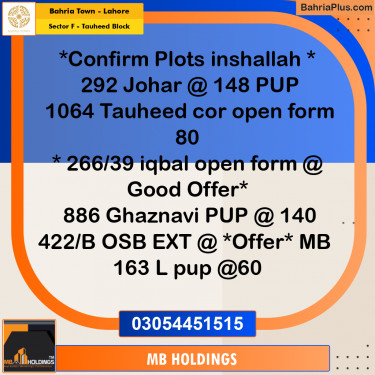 5 Marla Residential Plot for Sale in Sector F - Tauheed Block -  Bahria Town, Lahore - (BP-273508)