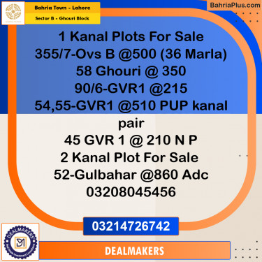 1 Kanal Residential Plot for Sale in Sector B - Ghouri Block -  Bahria Town, Lahore - (BP-273638)