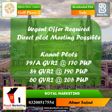 1 Kanal Residential Plot for Sale in Golf Phase 2 -  Bahria Town, Lahore - (BP-273748)