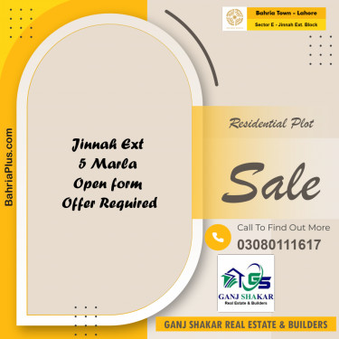 5 Marla Residential Plot for Sale in Sector E - Jinnah Ext. Block -  Bahria Town, Lahore - (BP-273800)