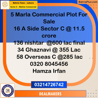 5 Marla Commercial Plot for Sale in Sector E - Nishtar Commercial -  Bahria Town, Lahore - (BP-273864)